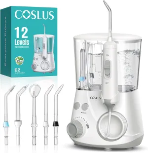 COSLUS Professional Water Flossers for Teeth: 12 Pressure Settings Electric Dental Pick for Orthodontic, Braces, Sensitive Gums - Home Use, ​​5 Jet Tips for Multiple Users, Family, White, E2