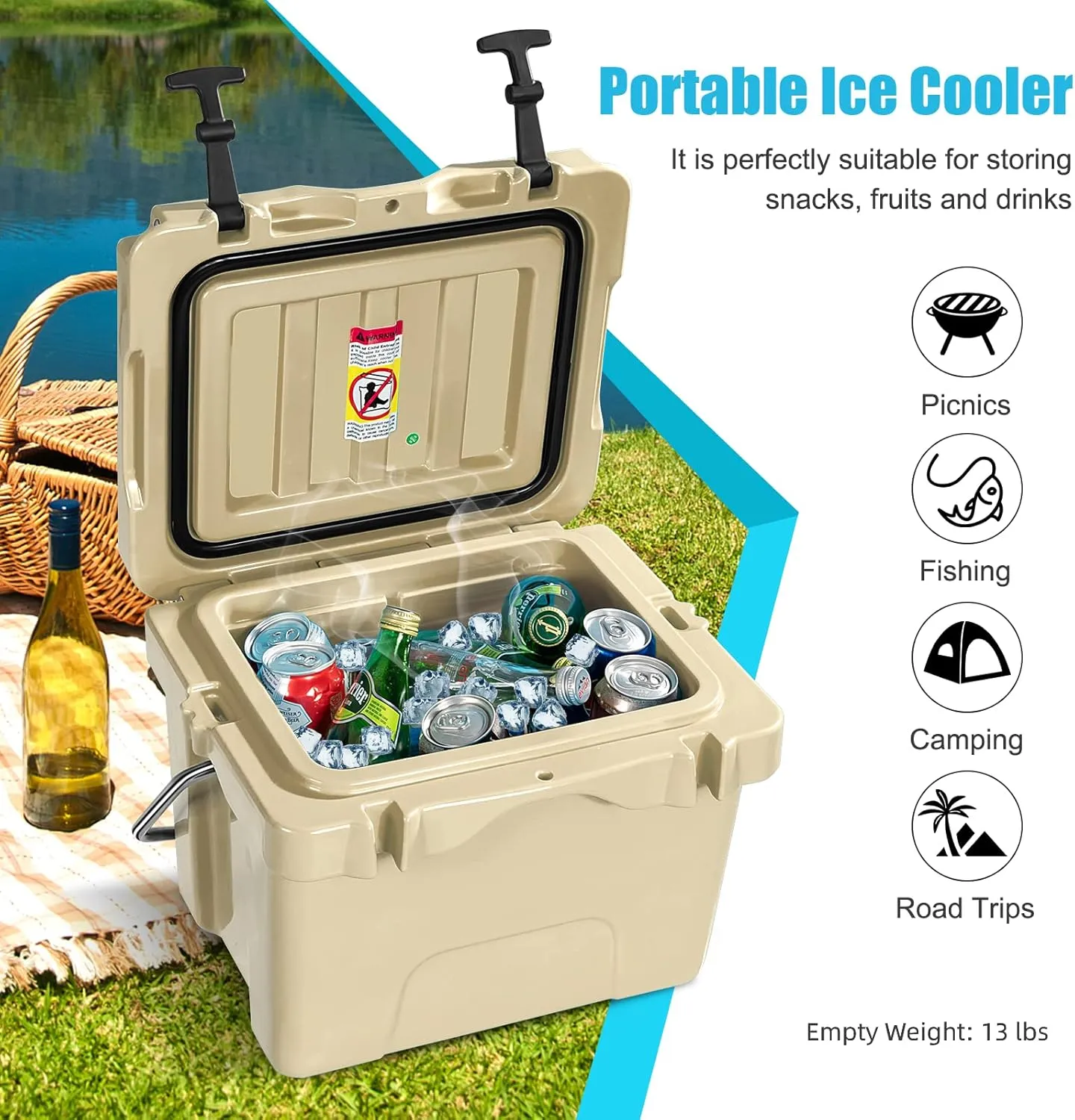 COSTWAY 16 Quart Cooler, 24 Can Insulated Ice Chest Box with Heavy Duty Handle and 2 Cup Holders, 3-5 Days Ice Retention, Portable Leakproof Hard Cooler for Camping, Fishing, Picnic, Outdoor