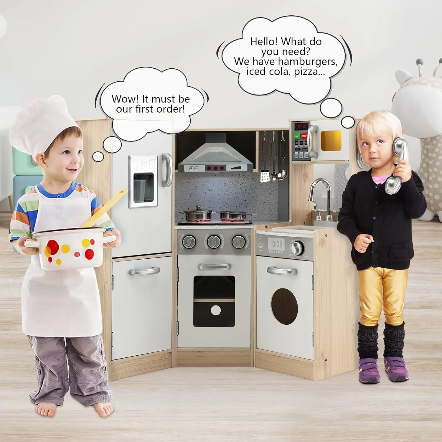 Costzon Kids Kitchen Playset, 9-in-1 Wooden Pretend Play Kitchen Toy Set w/Realistic Light & Sound, Ice Maker, Washing Machine, Microwave, Oven, Stove, Ice Cube Dispenser, Utensils, Sink
