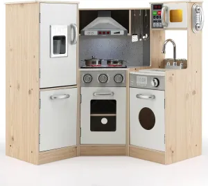 Costzon Kids Kitchen Playset, 9-in-1 Wooden Pretend Play Kitchen Toy Set w/Realistic Light & Sound, Ice Maker, Washing Machine, Microwave, Oven, Stove, Ice Cube Dispenser, Utensils, Sink