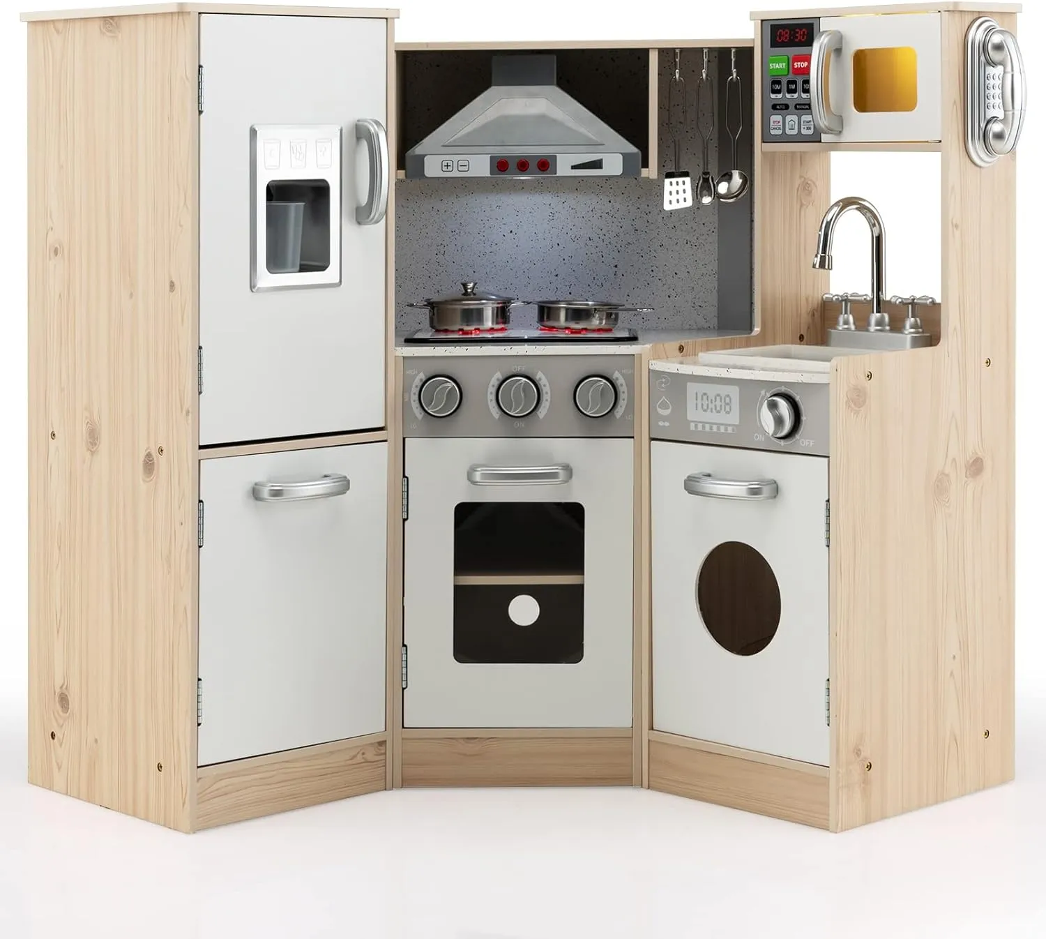 Costzon Kids Kitchen Playset, 9-in-1 Wooden Pretend Play Kitchen Toy Set w/Realistic Light & Sound, Ice Maker, Washing Machine, Microwave, Oven, Stove, Ice Cube Dispenser, Utensils, Sink