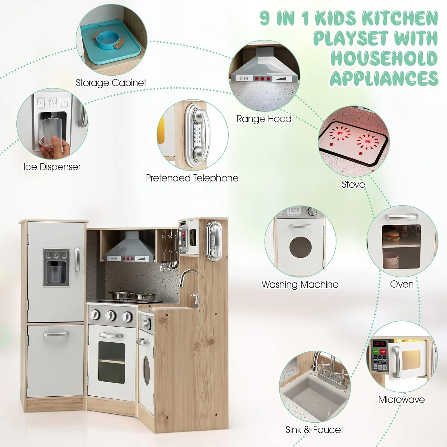 Costzon Kids Kitchen Playset, 9-in-1 Wooden Pretend Play Kitchen Toy Set w/Realistic Light & Sound, Ice Maker, Washing Machine, Microwave, Oven, Stove, Ice Cube Dispenser, Utensils, Sink