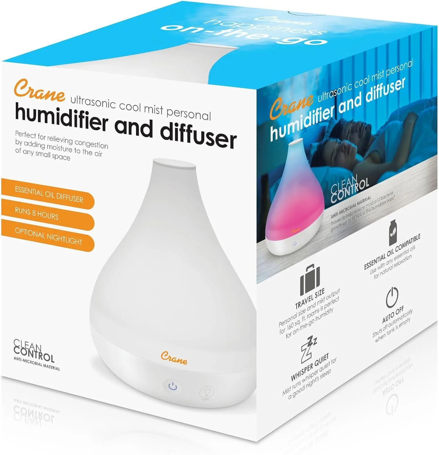 Crane Small Ultrasonic Diffuser and Air Humidifiers for Bedroom and Office, .35 Gallon Cool Mist Humidifier for Personal Use, No Humidifier Filters Needed, White