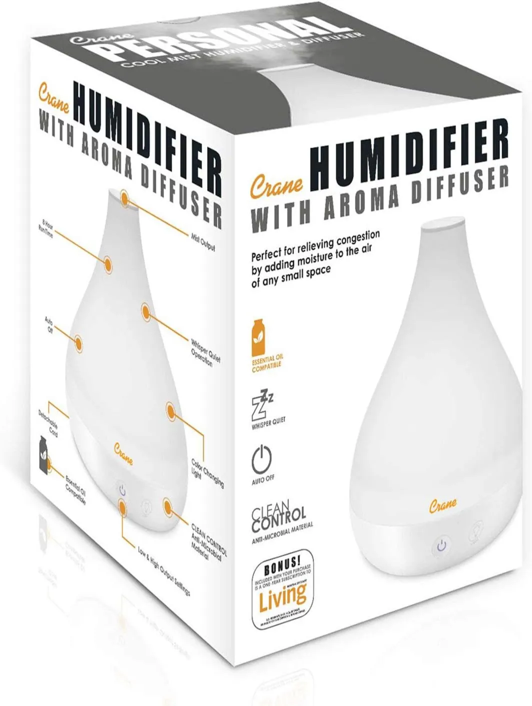 Crane Small Ultrasonic Diffuser and Air Humidifiers for Bedroom and Office, .35 Gallon Cool Mist Humidifier for Personal Use, No Humidifier Filters Needed, White