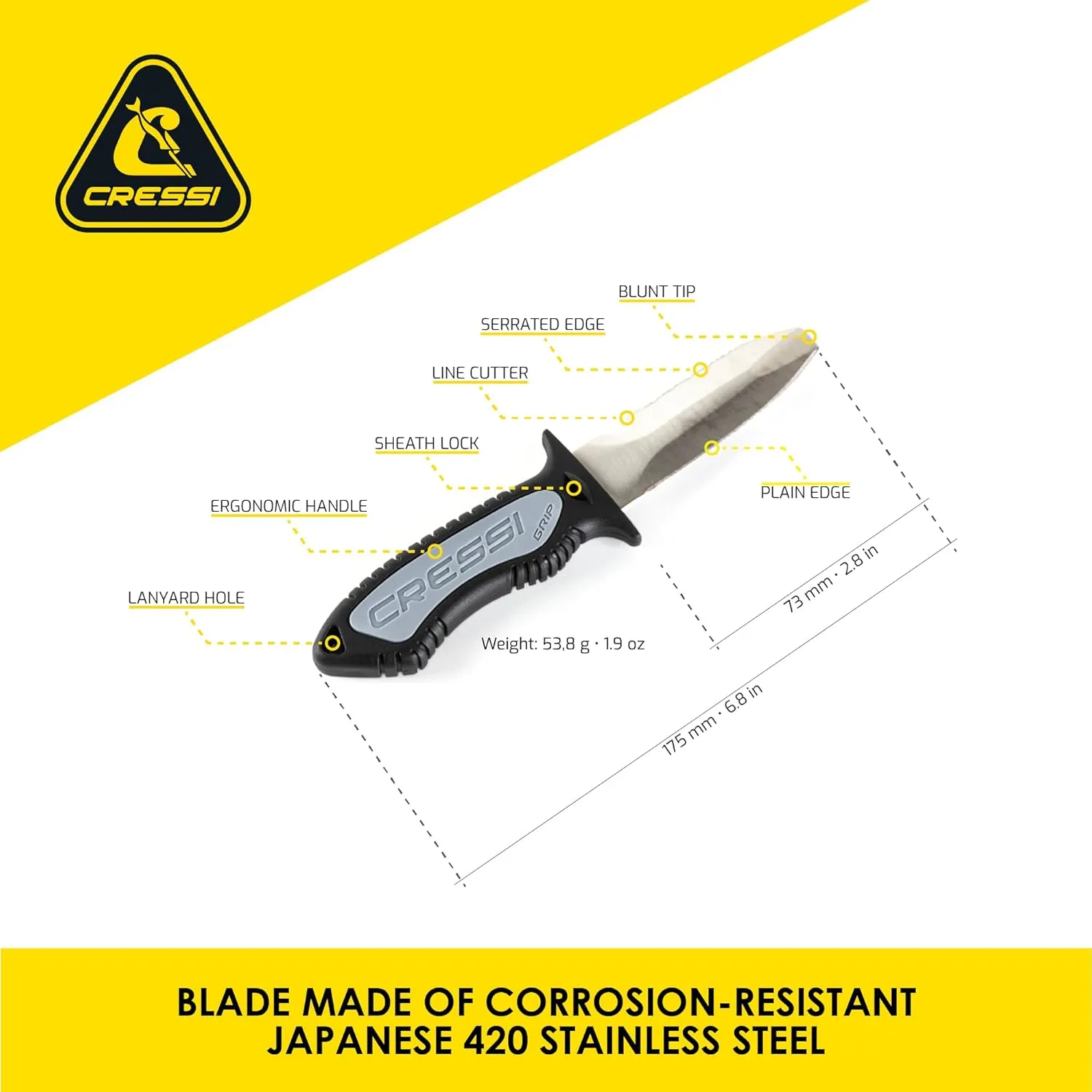 CRESSI Versatile Diving Knife for Scuba, Snorkeling, Spearfishing | The Grip