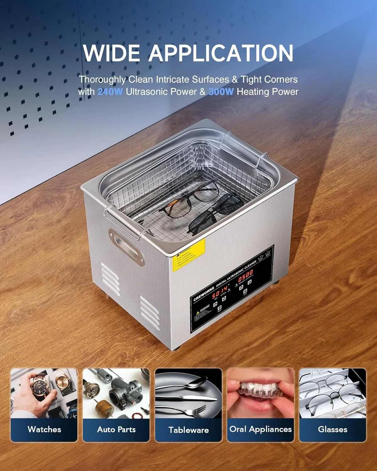CREWORKS 10L Digital Ultrasonic Cleaning Machine with Heater & Timer, 240W Stainless Steel Ultrasonic Washing Machine, 2.6 gal Sonic Parts Cleaning Machine for Jewelry Glasses Auto Tool Machine Part