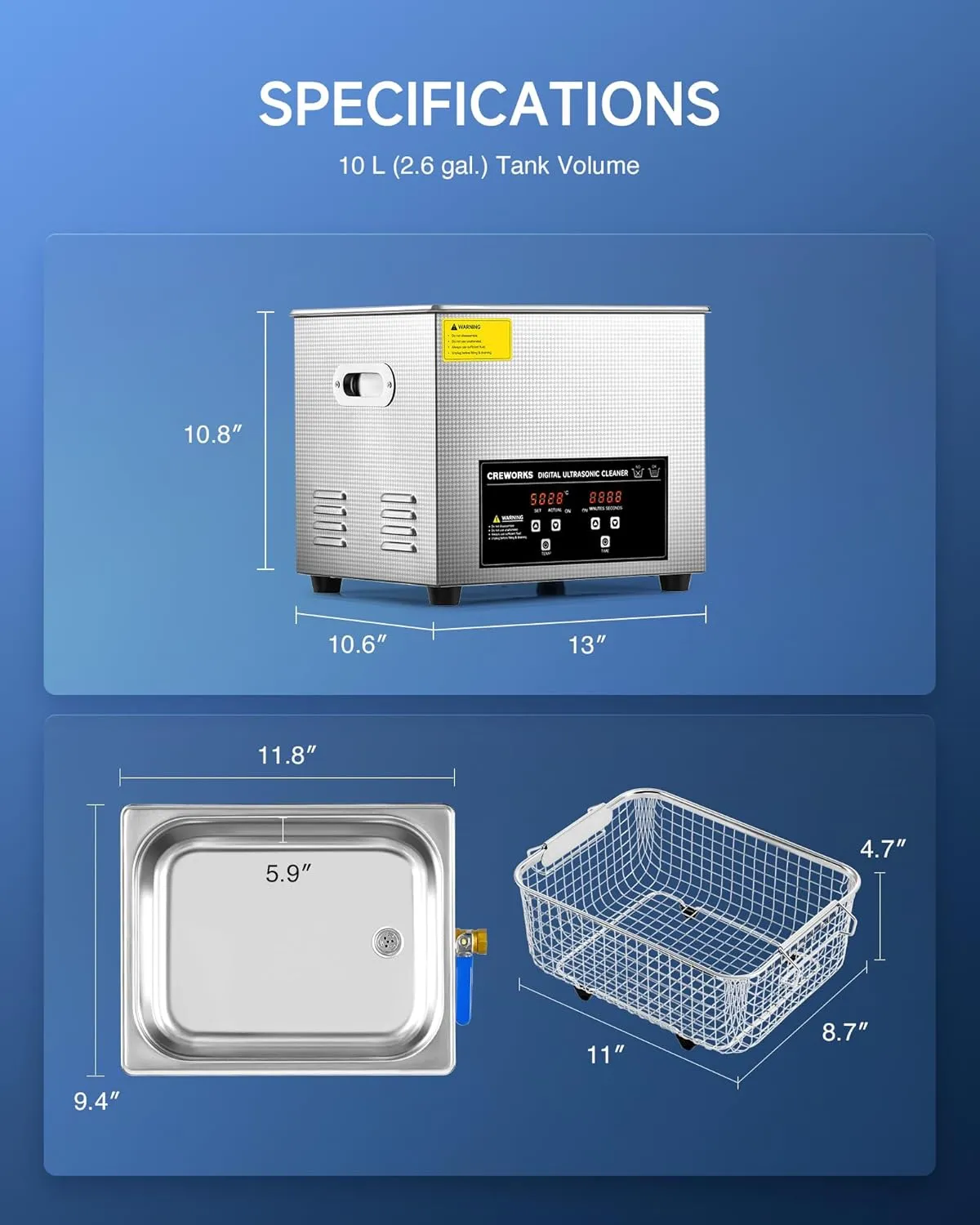 CREWORKS 10L Digital Ultrasonic Cleaning Machine with Heater & Timer, 240W Stainless Steel Ultrasonic Washing Machine, 2.6 gal Sonic Parts Cleaning Machine for Jewelry Glasses Auto Tool Machine Part