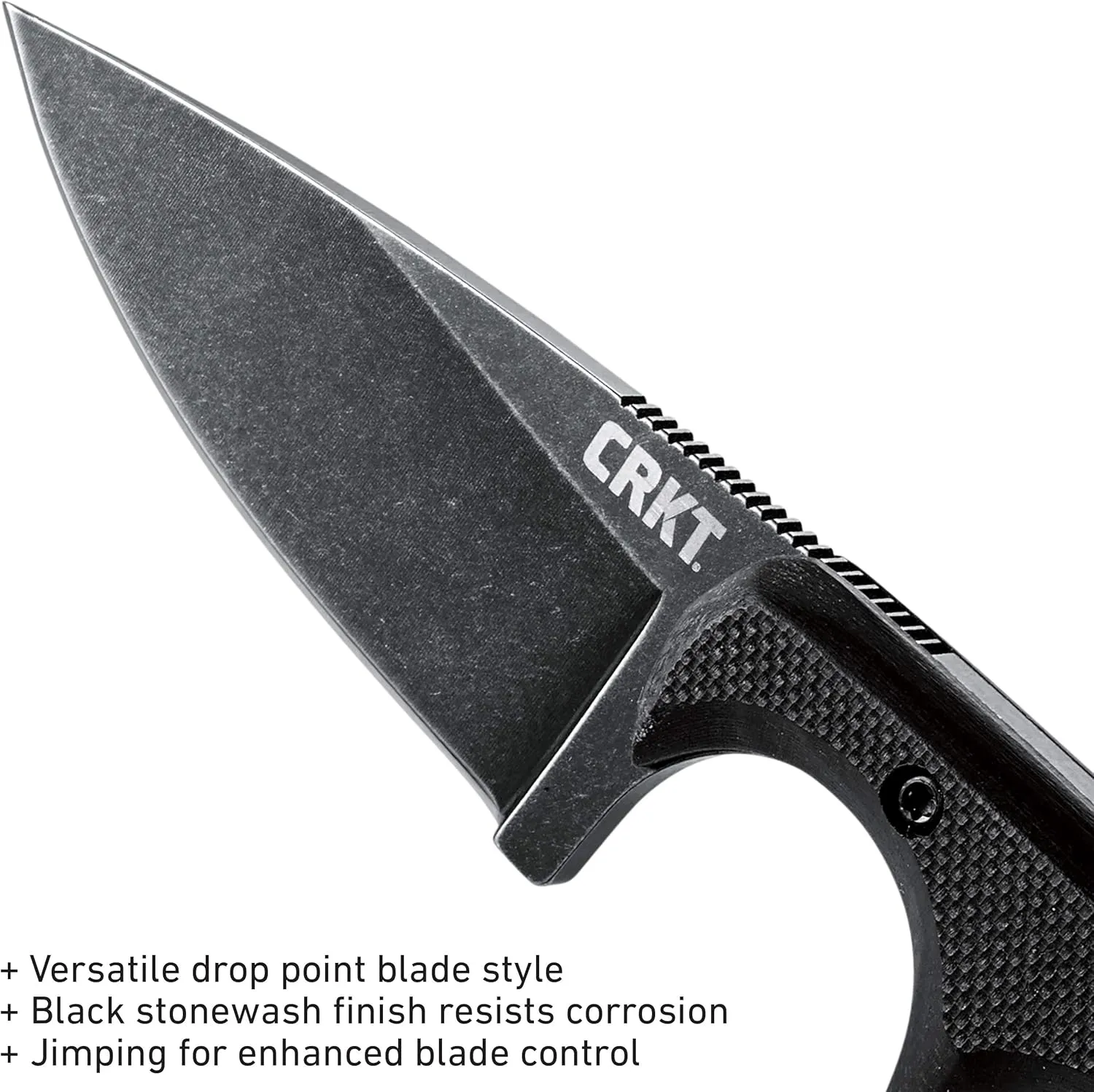 CRKT Compact Fixed Blade Knife: Minimalist Black Drop Point Neck Knife, Folts Utility Knife with Stonewashed Blade, G10 Handle and Nylon Sheath 2384K