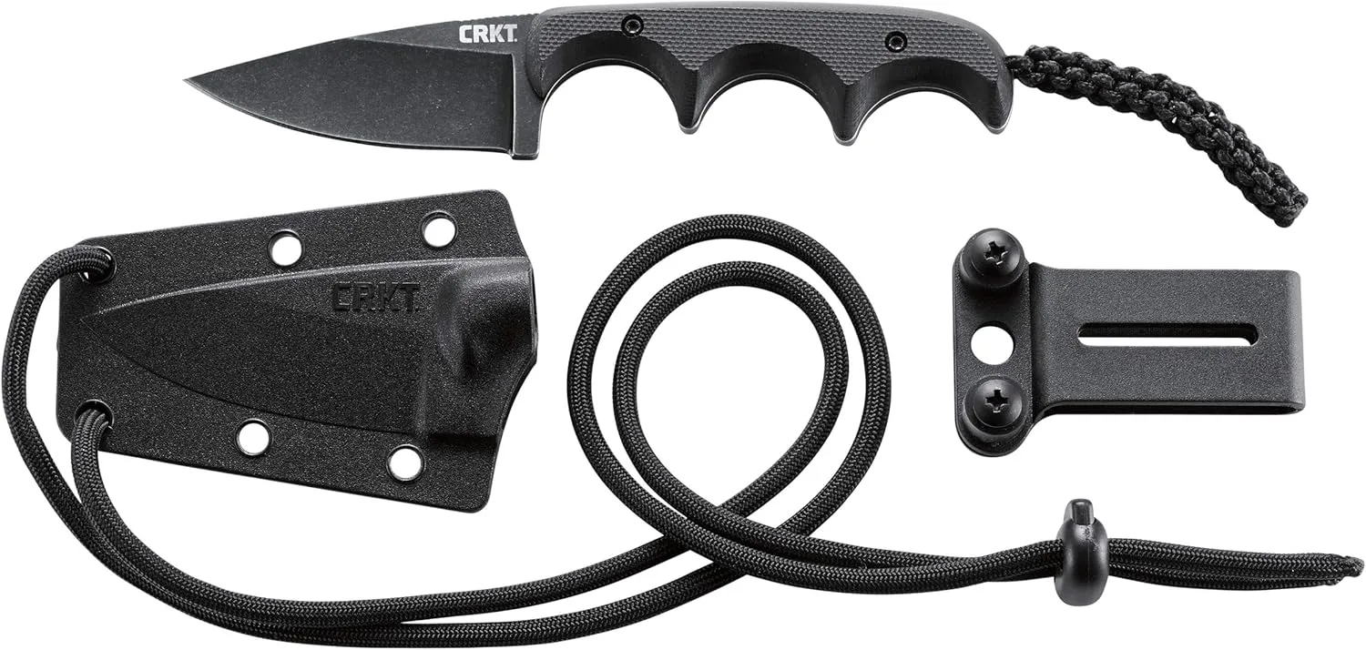 CRKT Compact Fixed Blade Knife: Minimalist Black Drop Point Neck Knife, Folts Utility Knife with Stonewashed Blade, G10 Handle and Nylon Sheath 2384K