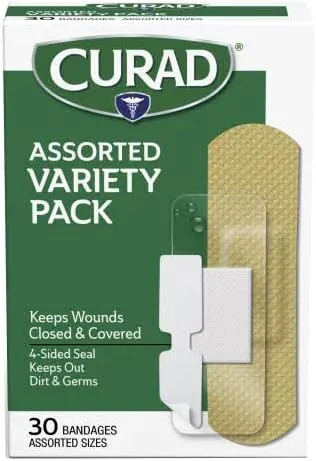 CURAD Assorted Adhesive Bandages, 4-Sided Seal, Variety Pack, Perfect for First Aid Kit, 30 Count, Pack of 6