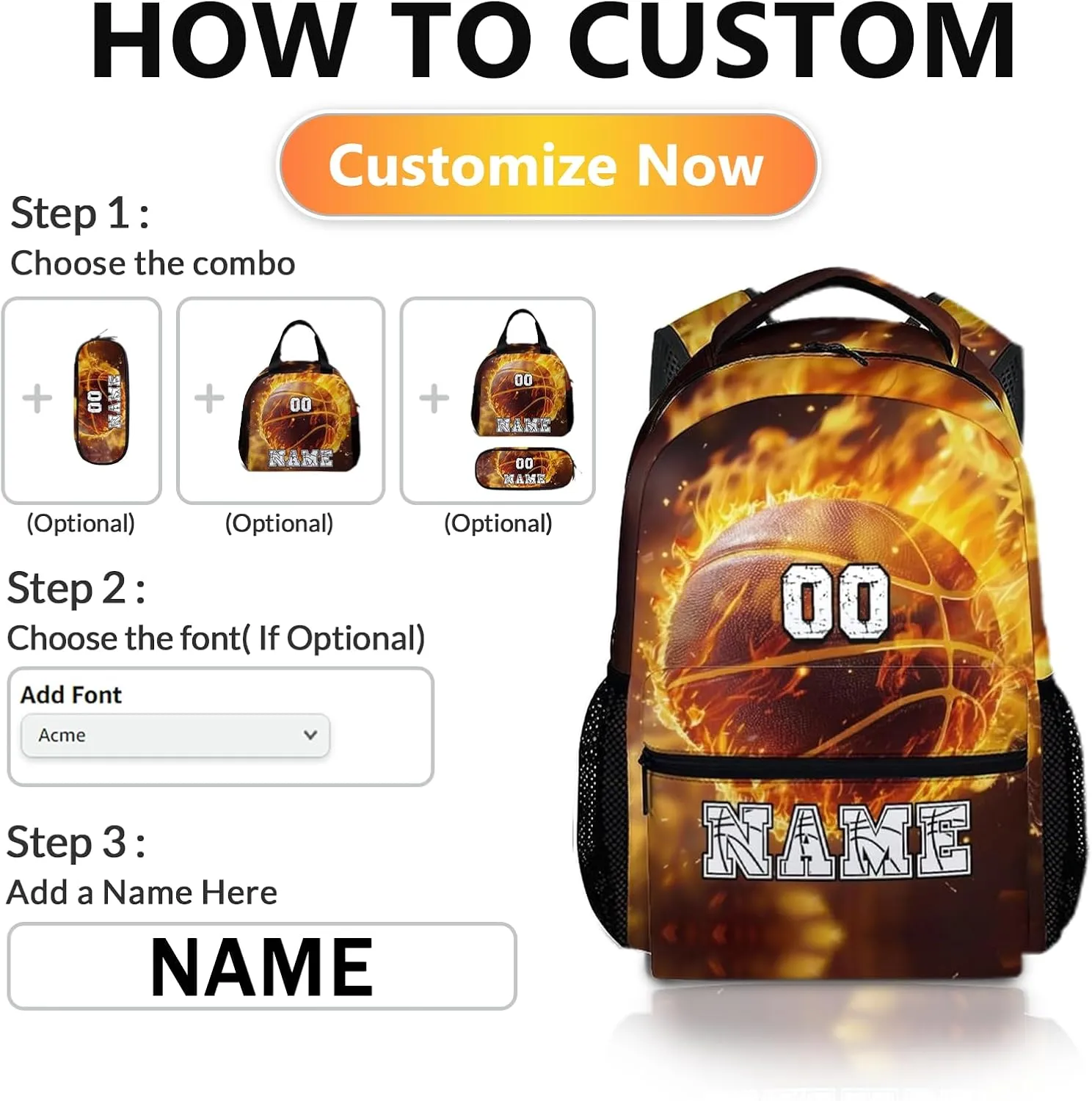Custom Basketball Backpacks for Boys, 17" Cool Back to School Backpack Gifts for Basketball Lovers, Personalized Lightweight Sports Bookbag for Elementary Middle College Hiking