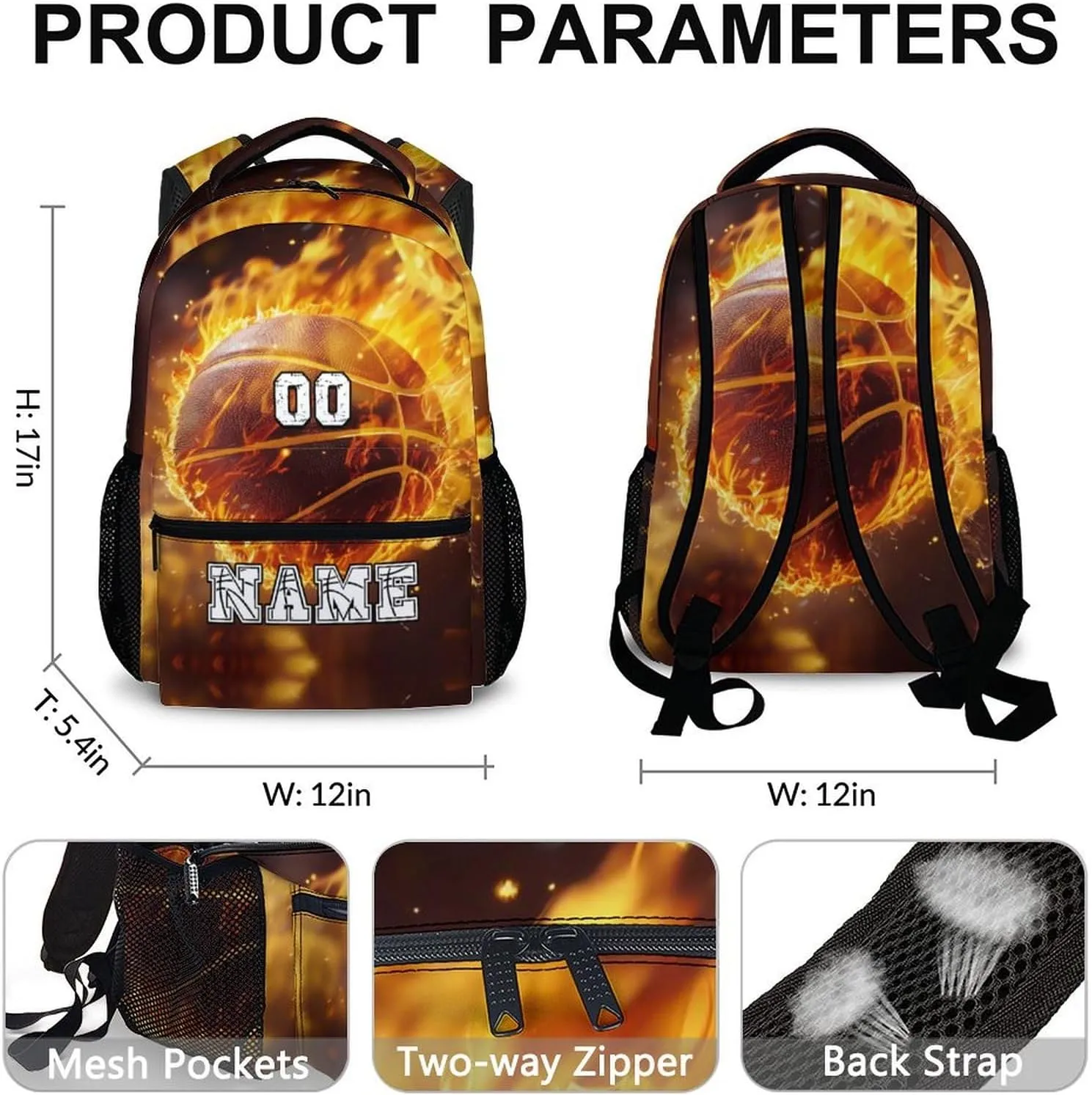 Custom Basketball Backpacks for Boys, 17" Cool Back to School Backpack Gifts for Basketball Lovers, Personalized Lightweight Sports Bookbag for Elementary Middle College Hiking