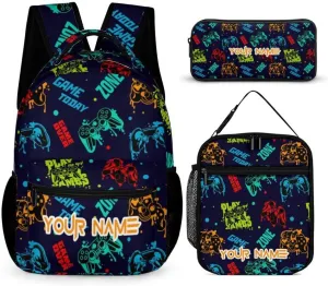 Custom Gamepad Backpack with Lunch Box & Pencil Case for Kids Girls Boys School, 16 Inch Cute Gaming Bookbag, School Backpack for Students Children, Lightweight, Large Capacity