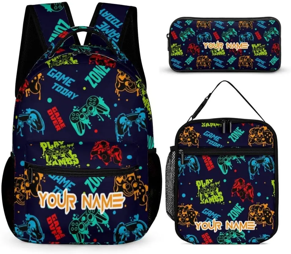 Custom Gamepad Backpack with Lunch Box & Pencil Case for Kids Girls Boys School, 16 Inch Cute Gaming Bookbag, School Backpack for Students Children, Lightweight, Large Capacity