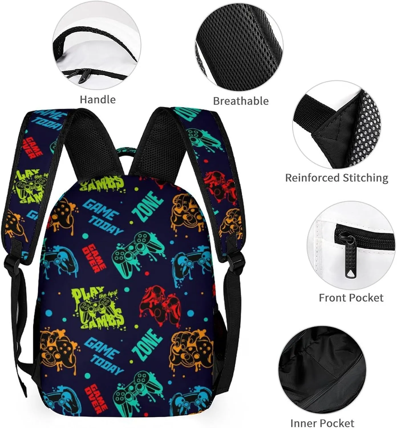 Custom Gamepad Backpack with Lunch Box & Pencil Case for Kids Girls Boys School, 16 Inch Cute Gaming Bookbag, School Backpack for Students Children, Lightweight, Large Capacity