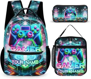 Custom Gaming Backpack with Lunch Box & Pencil Case, 16 Inch Cool Gaming Themed Bookbag, Adjustable Lightweight Large Capacity, Colorful Backpack Set for Kids Girls Boys School