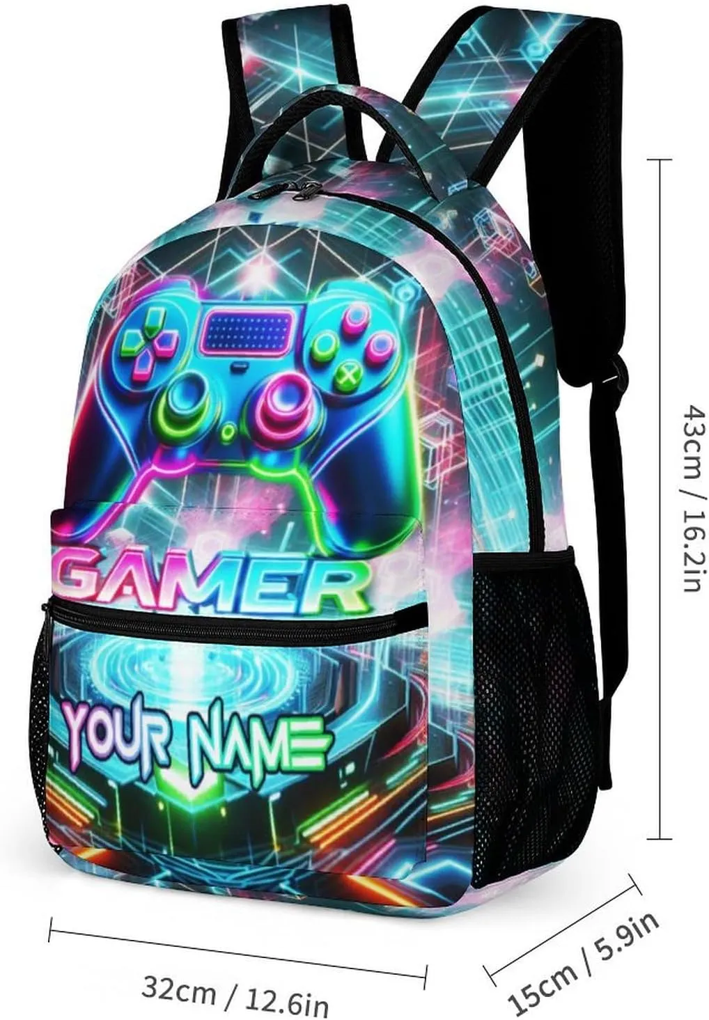 Custom Gaming Backpack with Lunch Box & Pencil Case, 16 Inch Cool Gaming Themed Bookbag, Adjustable Lightweight Large Capacity, Colorful Backpack Set for Kids Girls Boys School