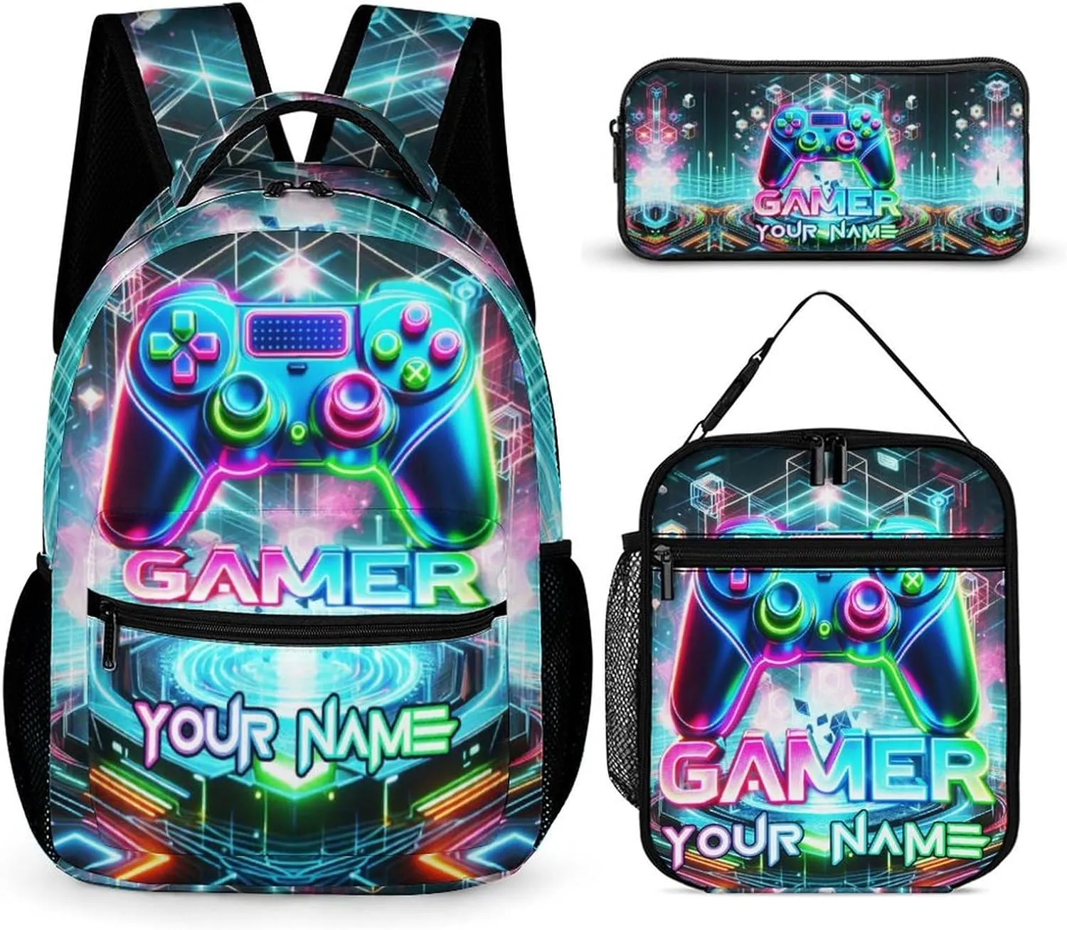 Custom Gaming Backpack with Lunch Box & Pencil Case, 16 Inch Cool Gaming Themed Bookbag, Adjustable Lightweight Large Capacity, Colorful Backpack Set for Kids Girls Boys School