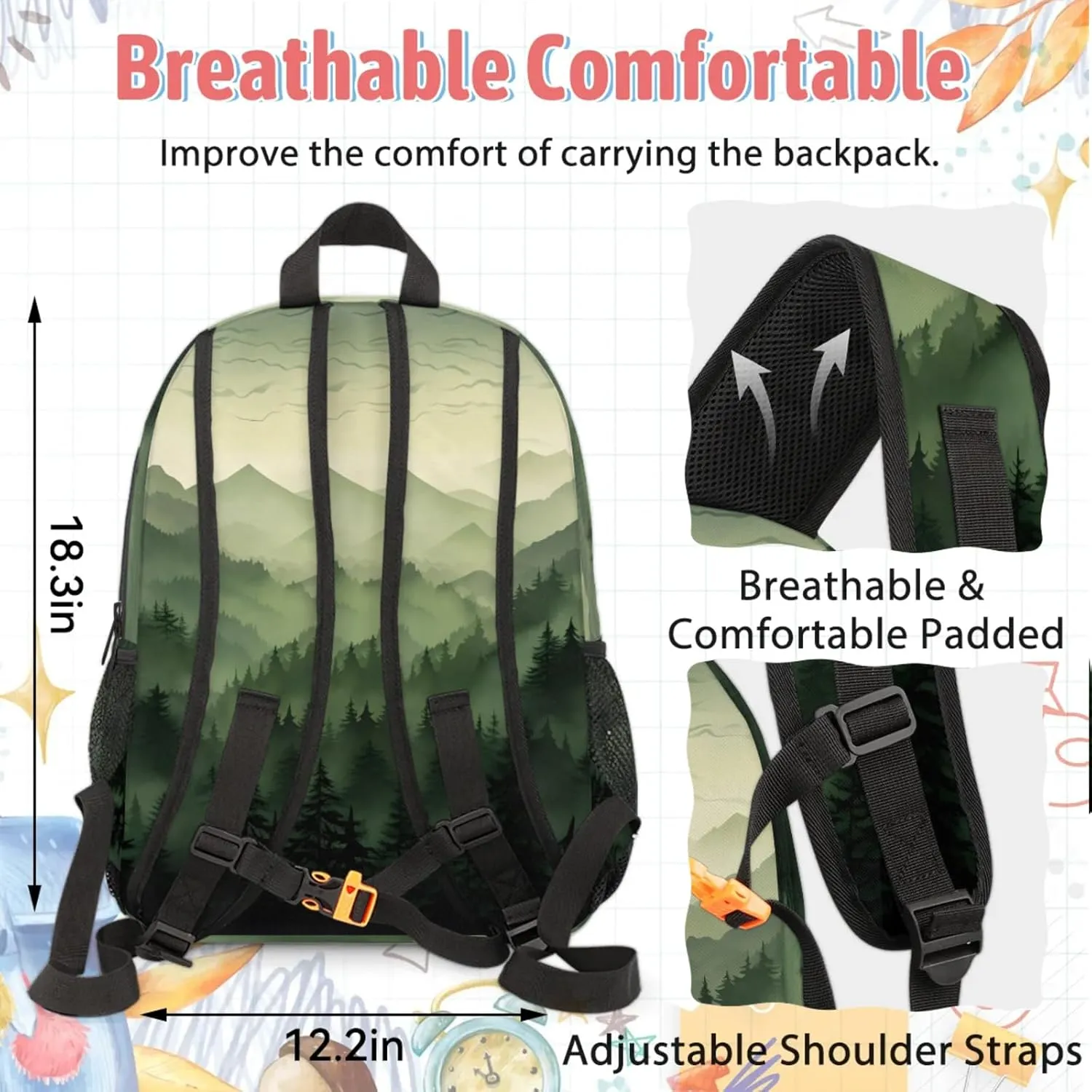Custom Green Misty Forest Backpack and Lunch Box Set Personalized Backpack with Name, Customized Nature Woodland Lightweight Waterproof Travel Casual Daypacks