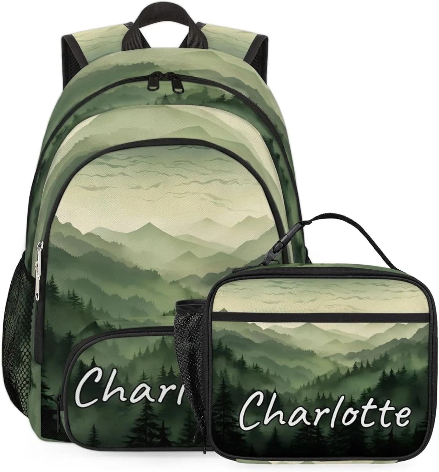 Custom Green Misty Forest Backpack and Lunch Box Set Personalized Backpack with Name, Customized Nature Woodland Lightweight Waterproof Travel Casual Daypacks