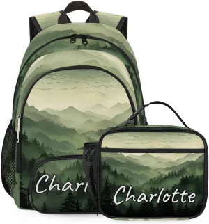 Custom Green Misty Forest Backpack and Lunch Box Set Personalized Backpack with Name, Customized Nature Woodland Lightweight Waterproof Travel Casual Daypacks