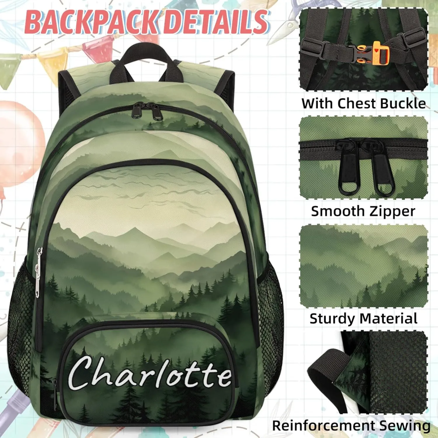 Custom Green Misty Forest Backpack and Lunch Box Set Personalized Backpack with Name, Customized Nature Woodland Lightweight Waterproof Travel Casual Daypacks