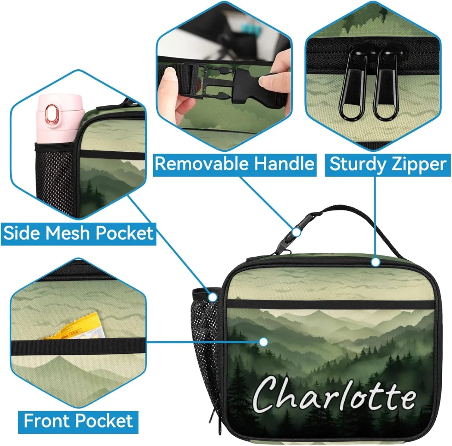 Custom Green Misty Forest Backpack and Lunch Box Set Personalized Backpack with Name, Customized Nature Woodland Lightweight Waterproof Travel Casual Daypacks