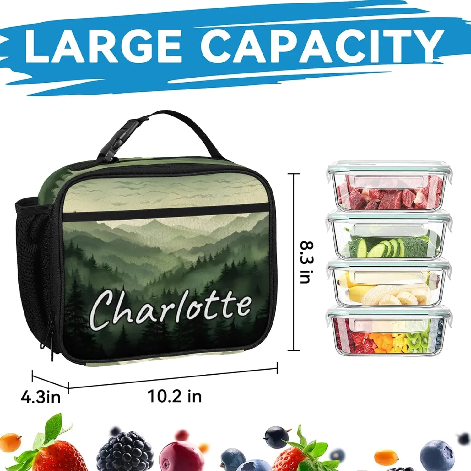 Custom Green Misty Forest Backpack and Lunch Box Set Personalized Backpack with Name, Customized Nature Woodland Lightweight Waterproof Travel Casual Daypacks