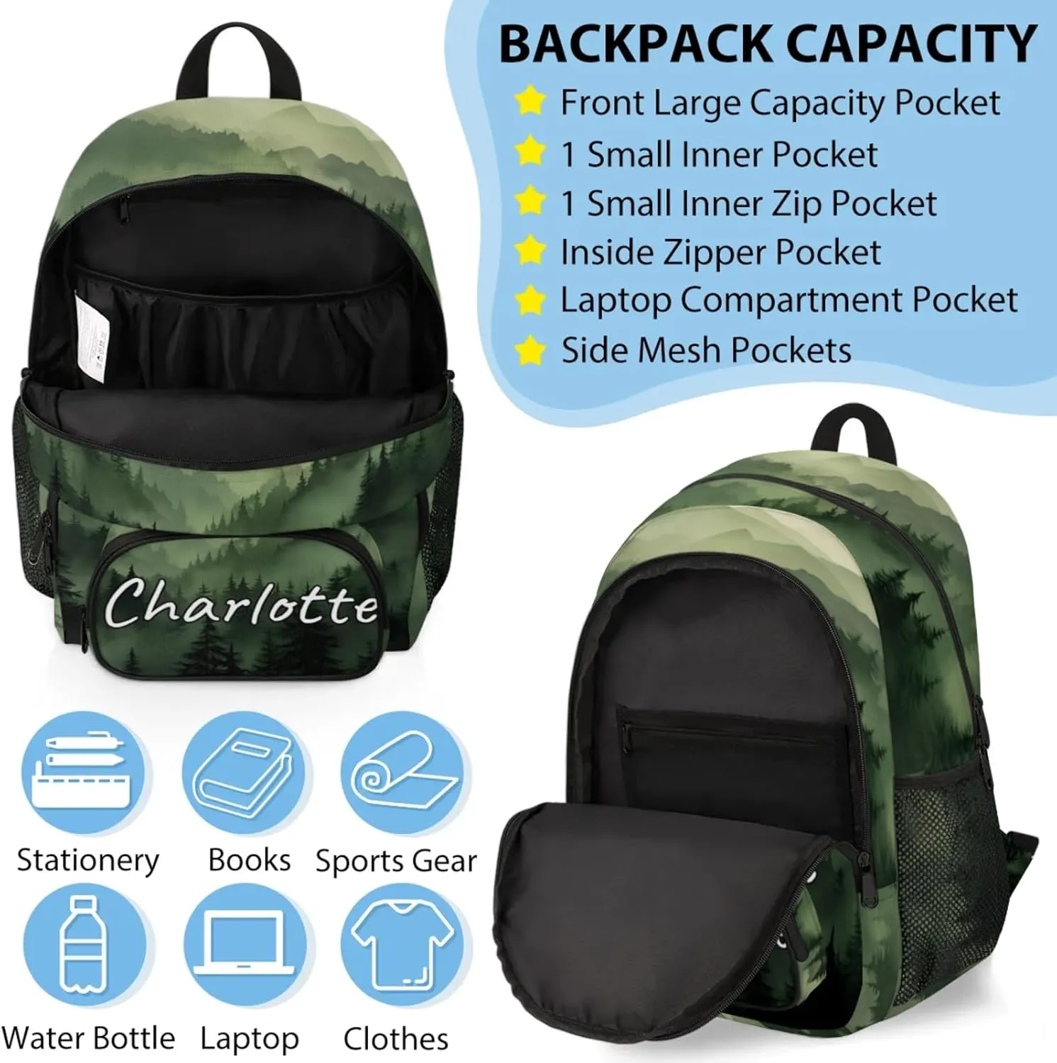 Custom Green Misty Forest Backpack and Lunch Box Set Personalized Backpack with Name, Customized Nature Woodland Lightweight Waterproof Travel Casual Daypacks