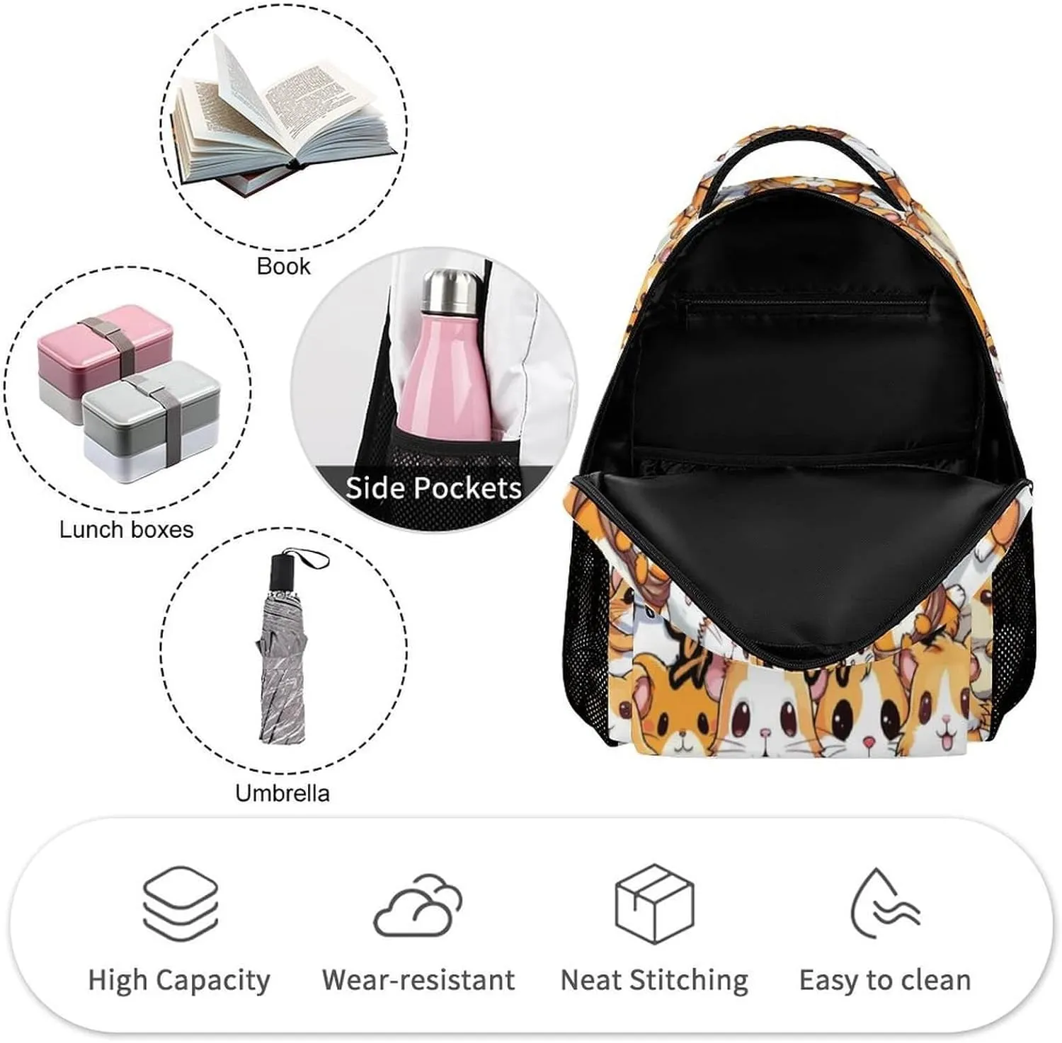 Custom Hamster School Backpack for Kids Girls Boys, 16 Inch Cute Hamsters Themed Bookbag, Personalized School Backpack for Students Children, Lightweight, Large Capacity