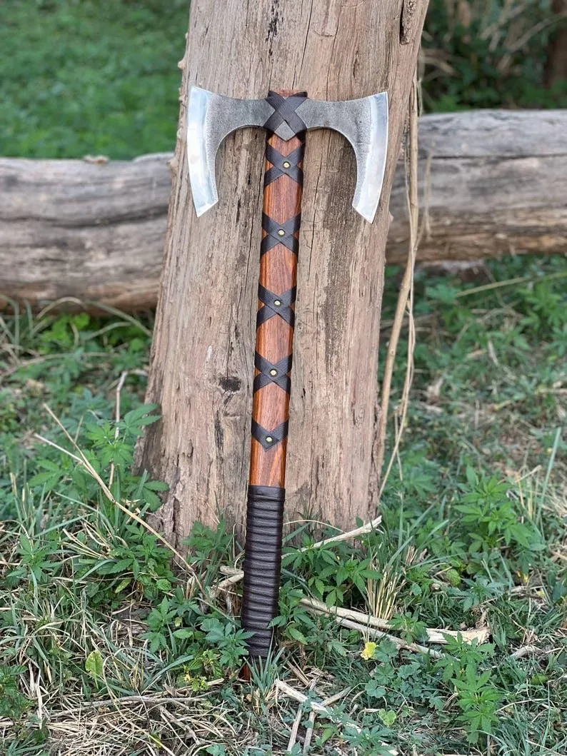 Custom Hand Forged Double Head Viking Axe – Carbon Steel Dual Bit Axe with Rosewood Handle & Leather Sheath – Camping, Survival, Groomsmen, Birthday Gift for Men, Dad, Boyfriend