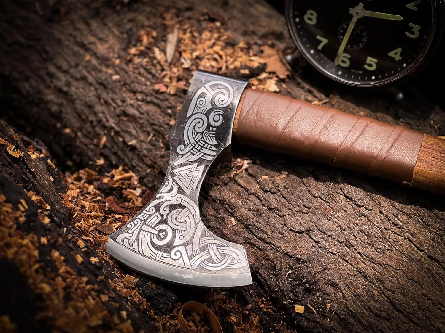 Custom Handmade Carbon Steel Asghard Viking Axe Hatchet, Throwing and Camping Axe, Birthday Gift for him, Leather Wrapped Handle and Leather Sheath (Brown, 19 inch)