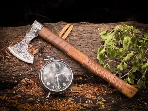 Custom Handmade Carbon Steel Asghard Viking Axe Hatchet, Throwing and Camping Axe, Birthday Gift for him, Leather Wrapped Handle and Leather Sheath (Brown, 19 inch)
