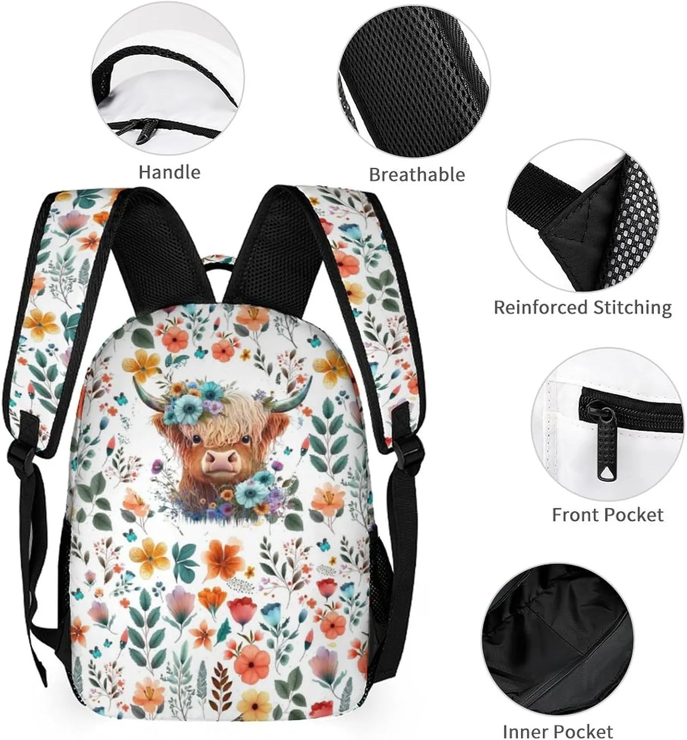 Custom Highland Cow Backpack with Lunch Box & Pencil Case for Kids Girls Boys School, 16 Inch Cute Highland Cow Bookbag, School Backpack for Students Children, sustainable, Lightweight, Large Capacity