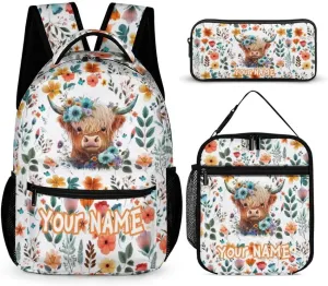 Custom Highland Cow Backpack with Lunch Box & Pencil Case for Kids Girls Boys School, 16 Inch Cute Highland Cow Bookbag, School Backpack for Students Children, sustainable, Lightweight, Large Capacity