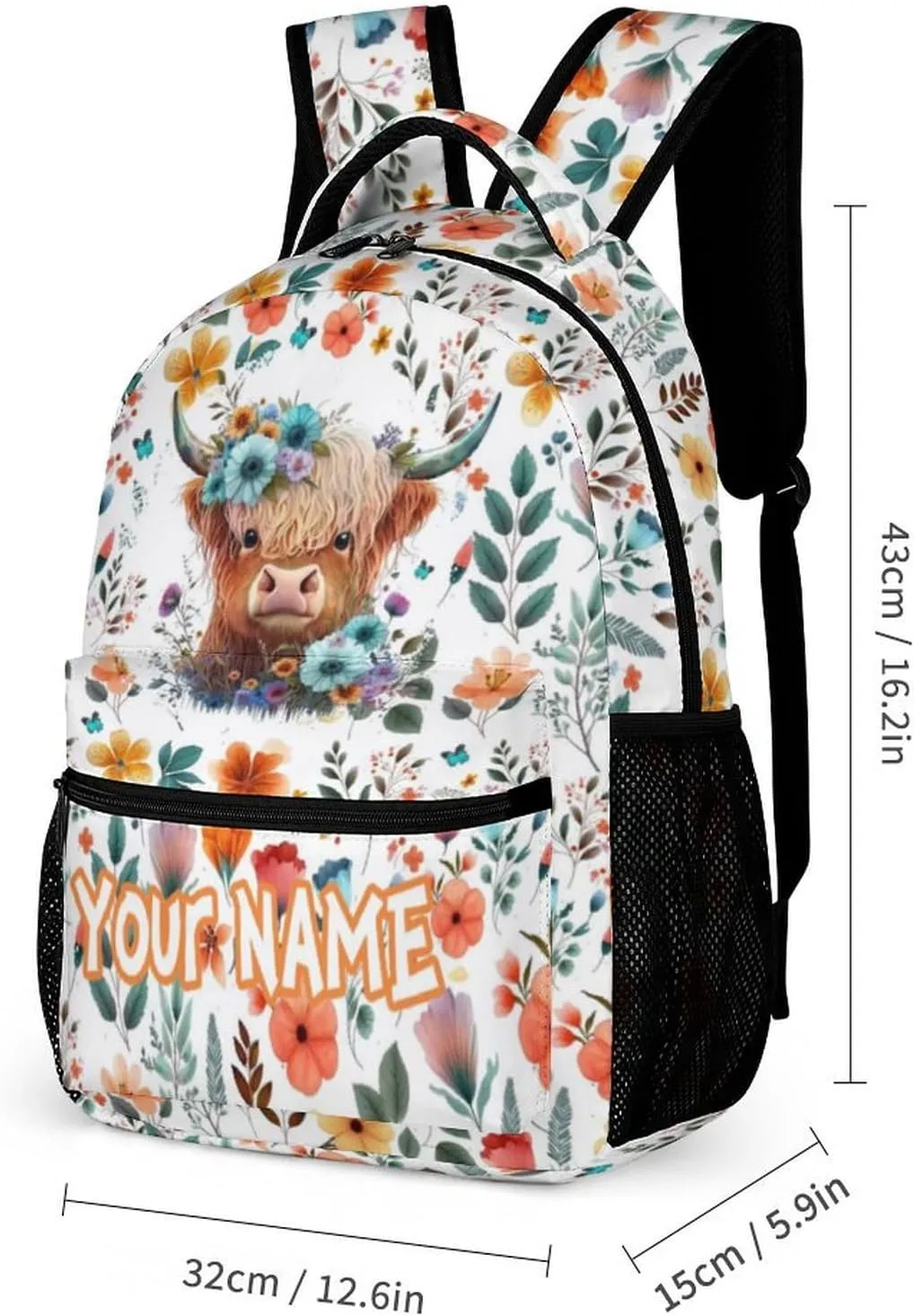 Custom Highland Cow Backpack with Lunch Box & Pencil Case for Kids Girls Boys School, 16 Inch Cute Highland Cow Bookbag, School Backpack for Students Children, sustainable, Lightweight, Large Capacity