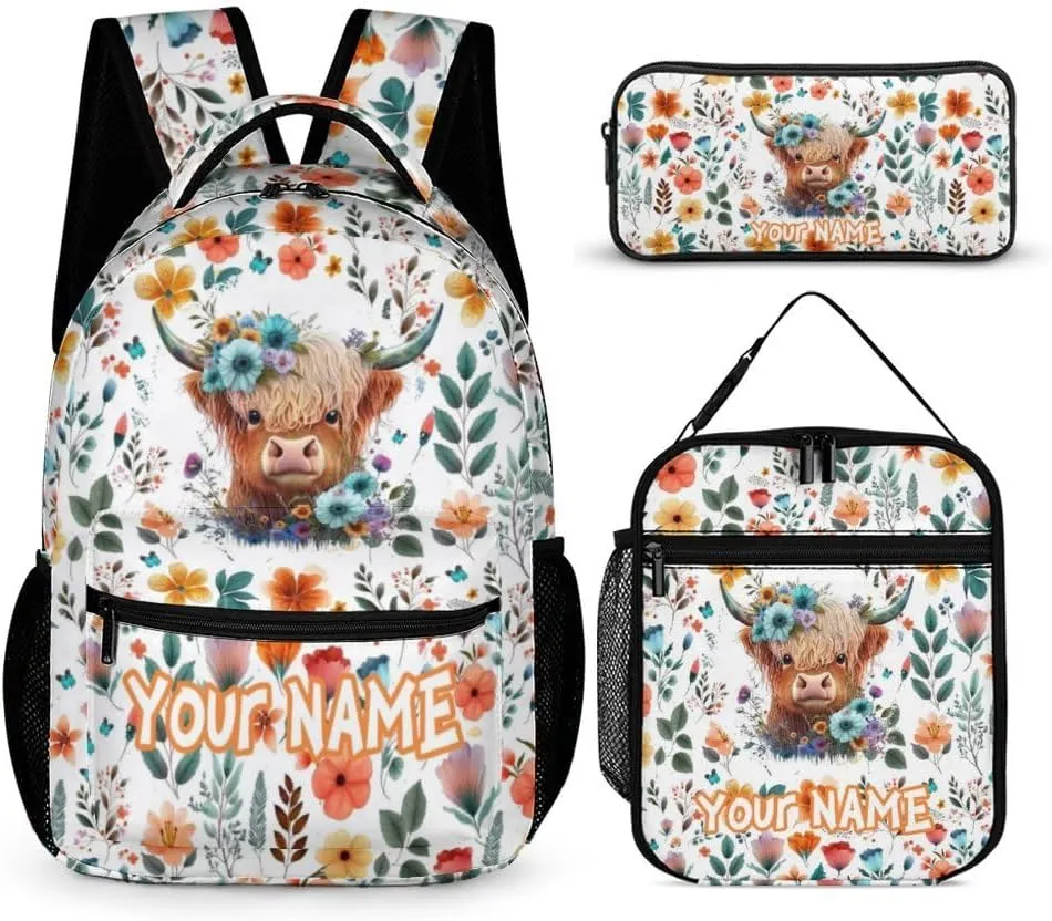 Custom Highland Cow Backpack with Lunch Box & Pencil Case for Kids Girls Boys School, 16 Inch Cute Highland Cow Bookbag, School Backpack for Students Children, sustainable, Lightweight, Large Capacity