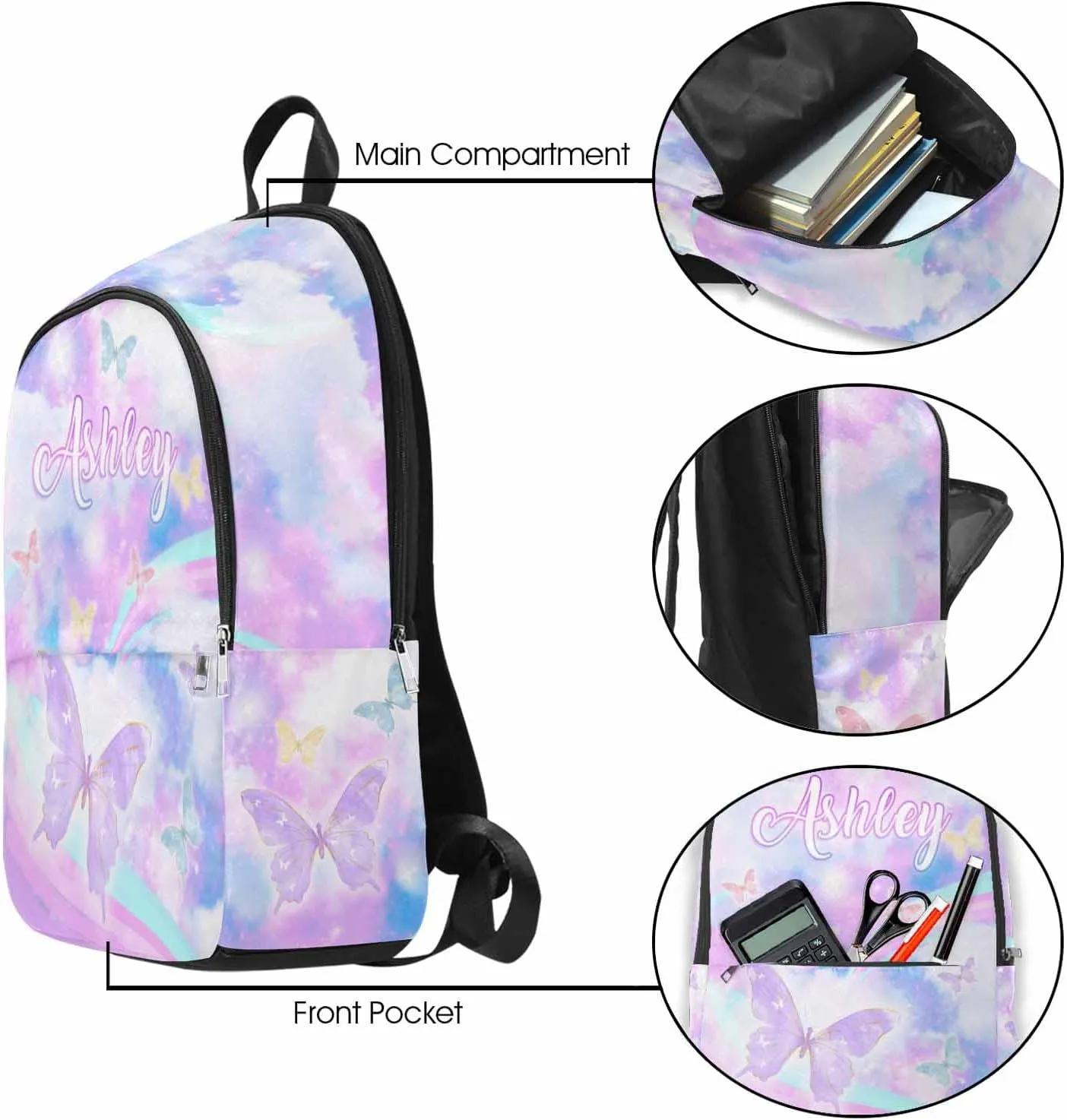 Custom Name Kid's Backpack Purple Sky Butterfly Pattern Personalized School Bookbag with Your Own Name Customization Casual Bookbags for Student Girls Boys on Birthday Christmas School Season