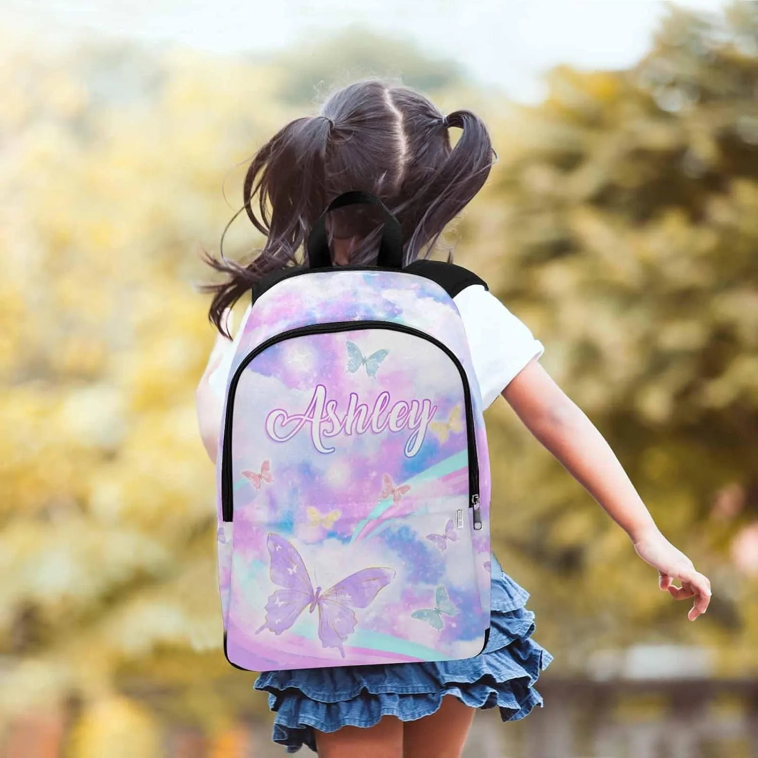 Custom Name Kid's Backpack Purple Sky Butterfly Pattern Personalized School Bookbag with Your Own Name Customization Casual Bookbags for Student Girls Boys on Birthday Christmas School Season