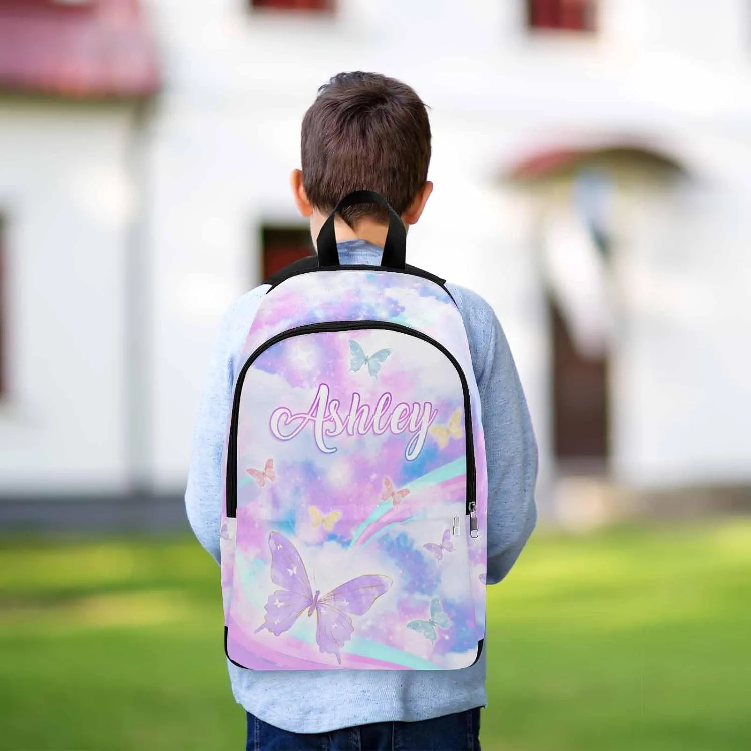 Custom Name Kid's Backpack Purple Sky Butterfly Pattern Personalized School Bookbag with Your Own Name Customization Casual Bookbags for Student Girls Boys on Birthday Christmas School Season