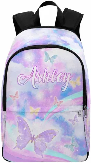 Custom Name Kid's Backpack Purple Sky Butterfly Pattern Personalized School Bookbag with Your Own Name Customization Casual Bookbags for Student Girls Boys on Birthday Christmas School Season