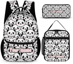 Custom Panda Backpack with Lunch Box & Pencil Case for Kids Girls Boys School, 16 Inch Cute Pandas Bookbag, School Backpack for Students Children, Lightweight, Large Capacity