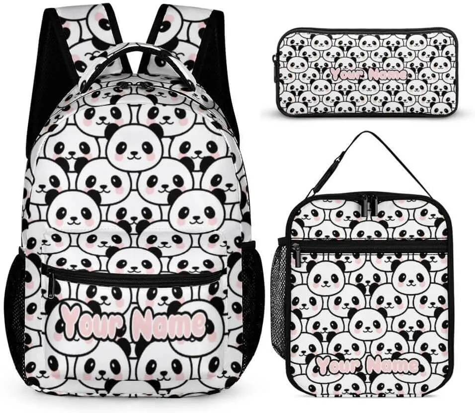 Custom Panda Backpack with Lunch Box & Pencil Case for Kids Girls Boys School, 16 Inch Cute Pandas Bookbag, School Backpack for Students Children, Lightweight, Large Capacity