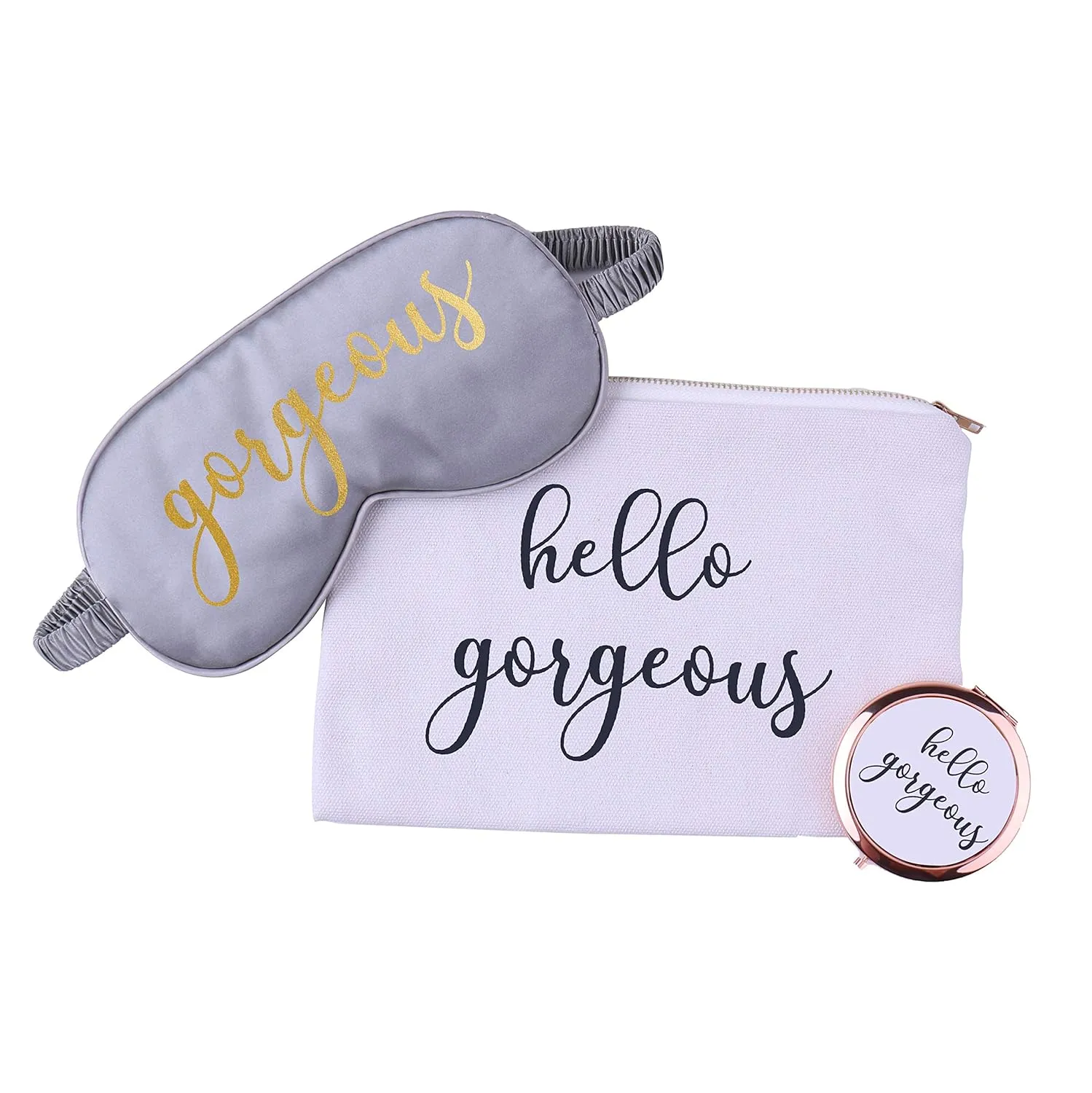 Customized Bridesmaid Gift Set 3-in-One with Personalized Name Makeup Bag Sleep Mask Compact Mirror Bachelorette Bridal Party Gift (White)