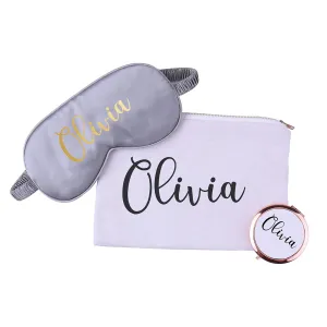 Customized Bridesmaid Gift Set 3-in-One with Personalized Name Makeup Bag Sleep Mask Compact Mirror Bachelorette Bridal Party Gift (White)
