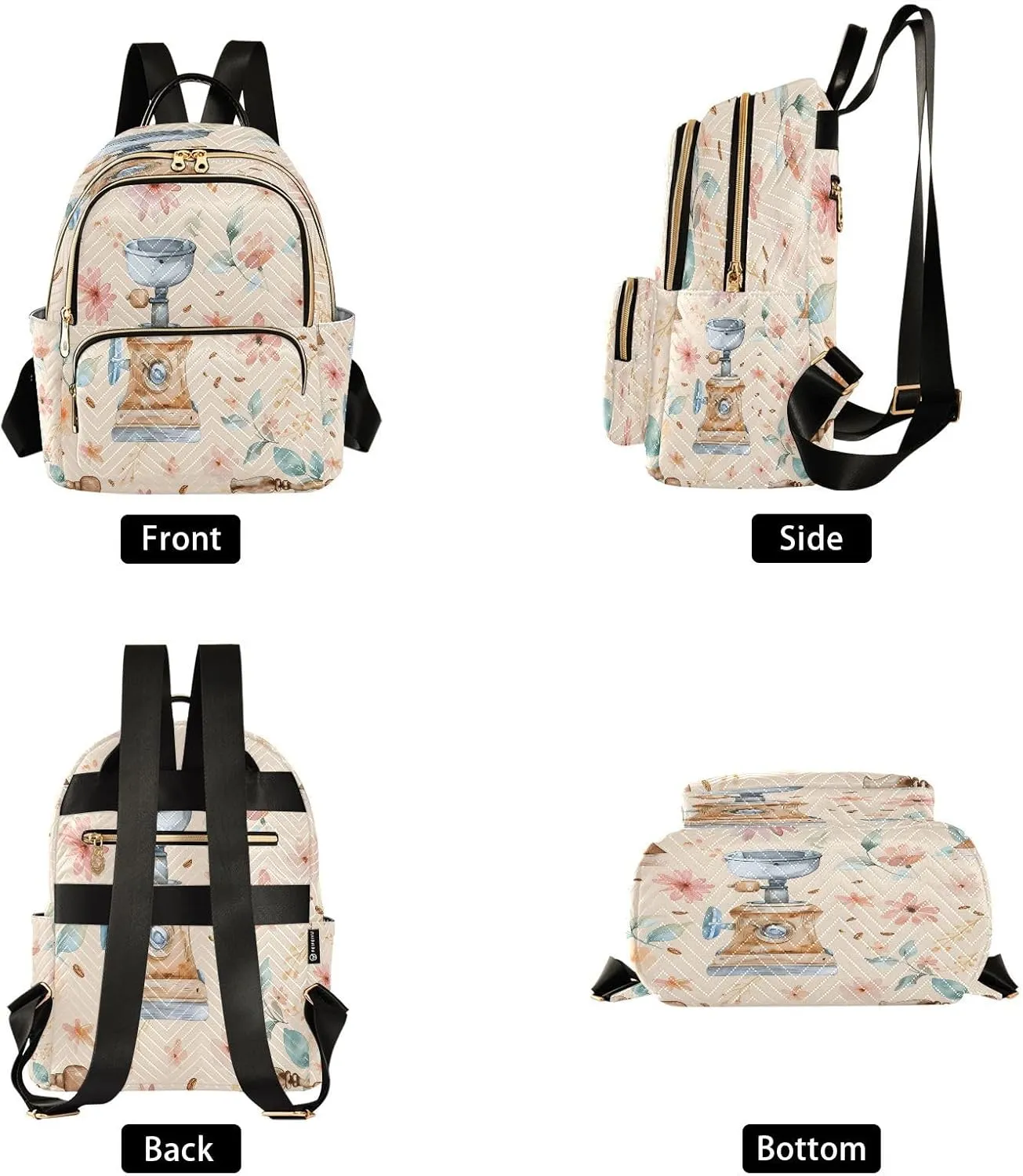 Cute Coffee Grinder Flower Mini Backpack Purse for Women Shoulder Bag Fashion Daypack Ladies Handbag Lightweight Travel Bag Rucksack