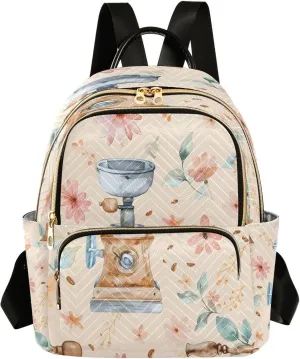 Cute Coffee Grinder Flower Mini Backpack Purse for Women Shoulder Bag Fashion Daypack Ladies Handbag Lightweight Travel Bag Rucksack