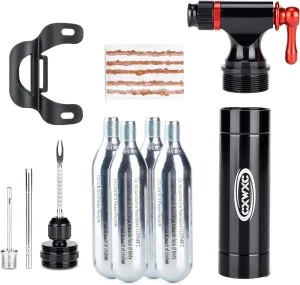 CXWXC CO2 Inflator with 4 x 16g CO2 Cartridges & Tubeless Tire Repair Kit - Presta/Schrader Valve Compatible - Bicycle Tire Pump for Road and Mountain Bikes