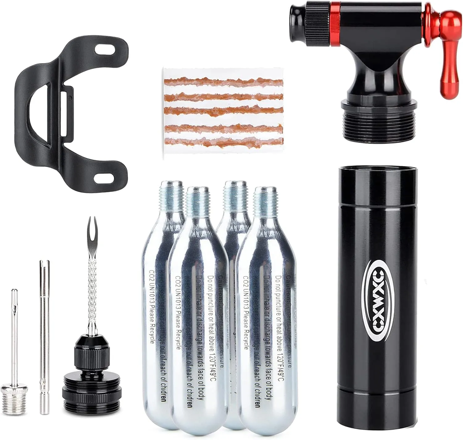 CXWXC CO2 Inflator with 4 x 16g CO2 Cartridges & Tubeless Tire Repair Kit - Presta/Schrader Valve Compatible - Bicycle Tire Pump for Road and Mountain Bikes