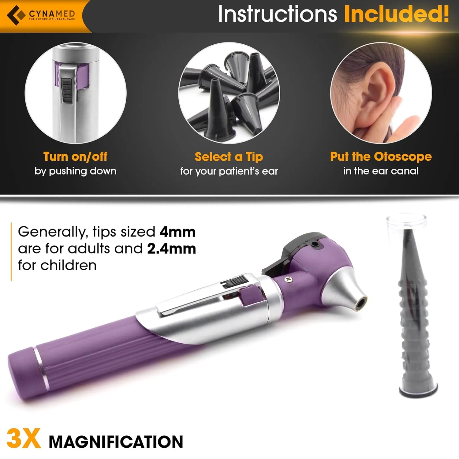 Cynamed Mini Otoscope - Portable Ear Light and Exam Kit for Home and Professional Use - 4X Magnifying Fiber Optic Scope with Spare Tips, Bulb, and Carrying Case (Purple)